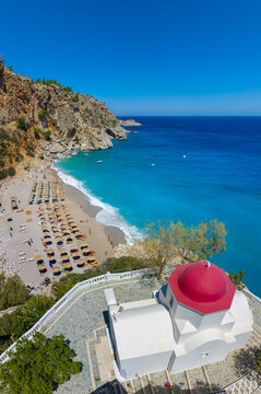 Kyra Panagia beach in Karpathos island, Greece with turquoise water and church
