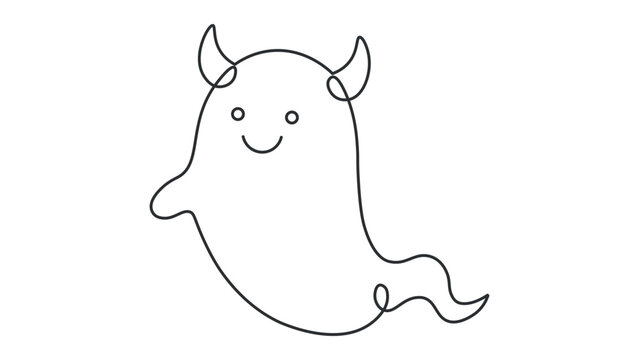 Cute devil ghost with horns and tail simple outline drawing for halloween.