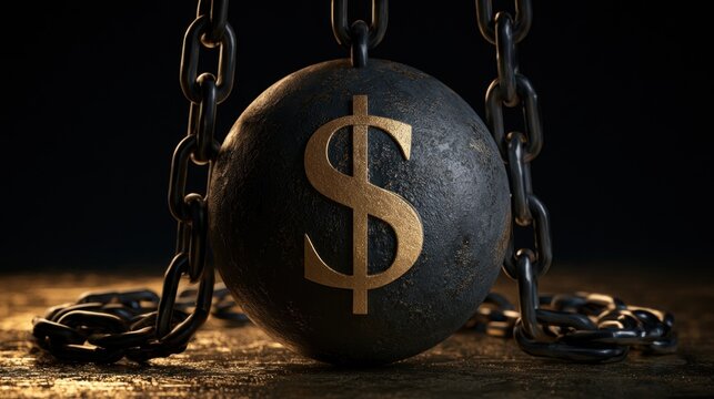 Heavy Metal Ball with Golden Dollar Sign on Chains Representing Financial Debt and Economic Burden