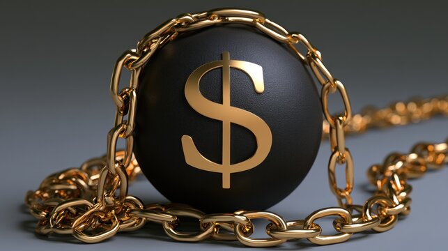 Concept of Financial Debt and Economic Burden with Golden Dollar Sign on a Black Sphere Wrapped in Chains