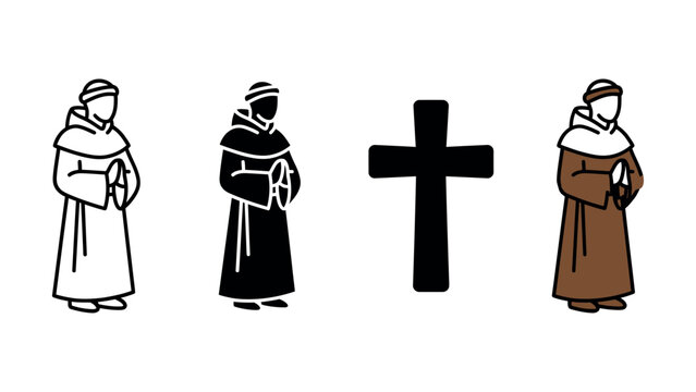 Set of flat vector icons depicting praying monks and a christian cross symbol