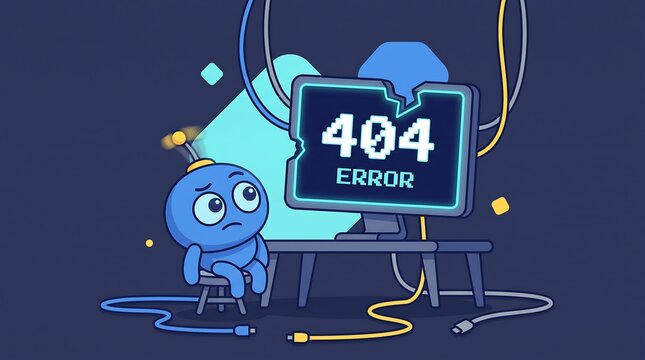 Cute blue robot looking at a 404 error on a broken monitor