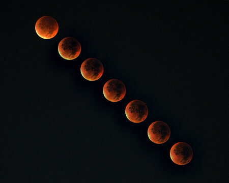 Sequence of a total lunar eclipse showing the blood moon changing color and shape against a dark night sky