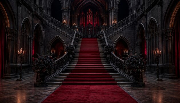 Dark gothic staircase with red carpet and black roses