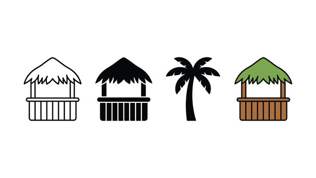 Set of tiki hut and palm tree icons in various design styles for tropical summer themes