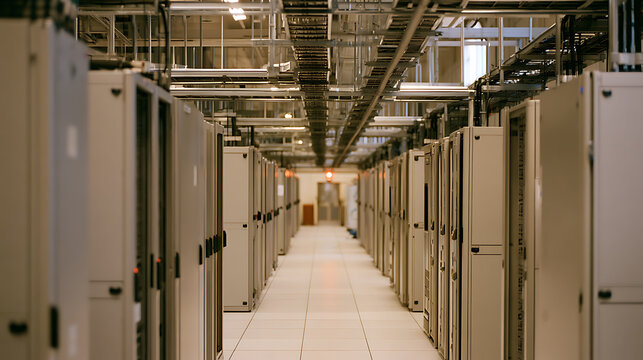 Modern data center server room interior with rows of large computer hardware rack cabinets, overhead cable trays, and bright lighting setup