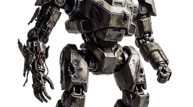 Battle damaged robot standing with exposed wires with marks stands on transparent background