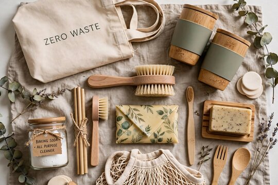 Eco Friendly Zero Waste Products Flat Lay with Bamboo and Reusable Items