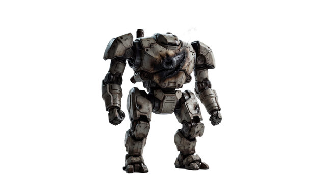 Damaged combat mech robot standing with stands alone transparent on transparent background