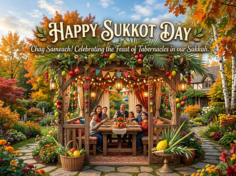 Happy Sukkot Day holiday illustration, family dining inside decorated sukkah with fruit and autumn leaves, Chag Sameach greeting card, autumn garden scene with festoons and lights