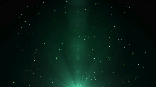 Mystical abstract background featuring dynamic green light rays beaming from the bottom with floating sparkling particle stars. Perfect for magic themes, awards, game background,&visual presentations.