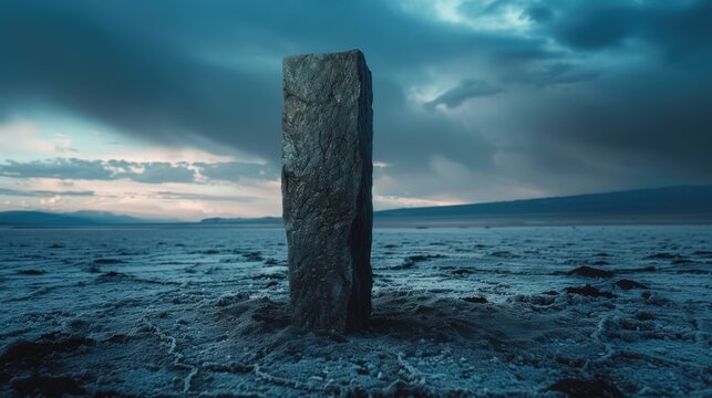 Stark monolithic stone monolith in vast salt flat landscape