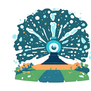 Garden lawn sprinkler spraying water on green grass in a flat vector illustration style