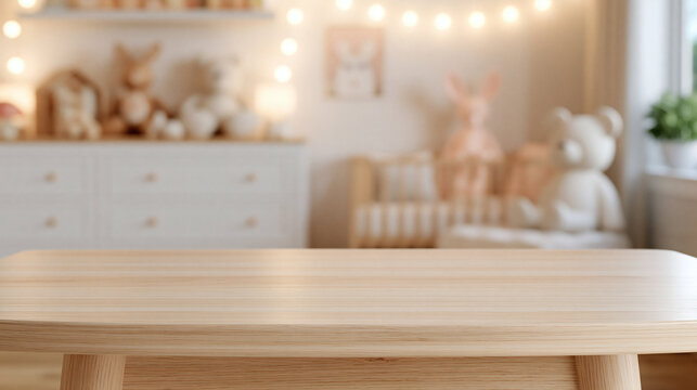 Cozy Nursery Corner with Empty Table: A warm and inviting nursery scene featuring soft lighting, plush toys, and a crib.