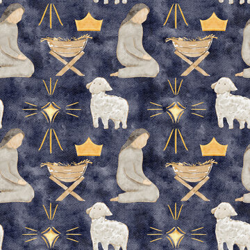 Kneeling Mary beside a manger, crown, lamb and a glowing golden star. Hand-painted watercolor nativity seamless pattern on dark blue background, ideal for Christmas cards, packaging, holiday designs.