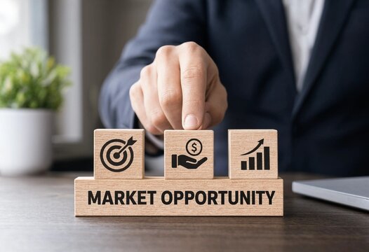 Business professional identifying market opportunity with financial growth and target icons on wooden blocks