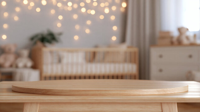 Nursery Scene with Wooden Stand: A warm and cozy nursery, illuminated by gentle fairy lights, features a crib, dresser, and teddy bears, with an empty wooden stand in the foreground.