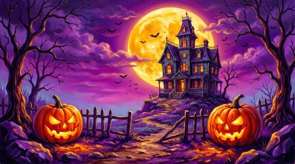 Fototapeta premium Spooky halloween night with haunted house and pumpkins