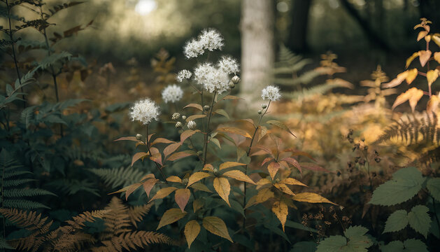Seven-son flower blooming in white while nearby foliage begins turning golden and copper, showing the unusual late-season flowering period, sophisticated botanical editorial image.