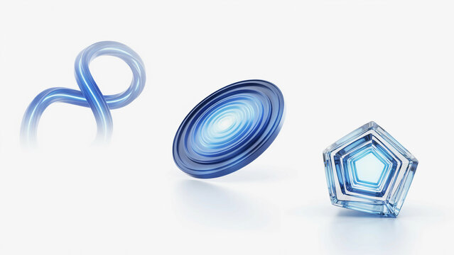Abstract blue shapes with fluid infinity loop, concentric circles, and pentagonal prism