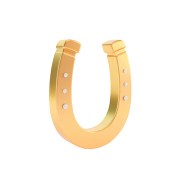 Golden 3D Horseshoe Icon Facing Upwards for Luck and Fortune Symbolism, isolated on transparent background.