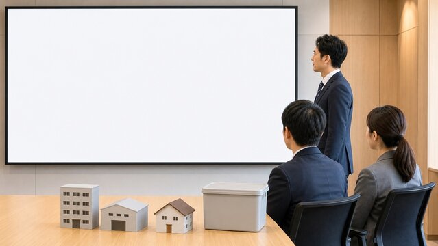 無地モニターと建物模型による防災BCPの社内説明