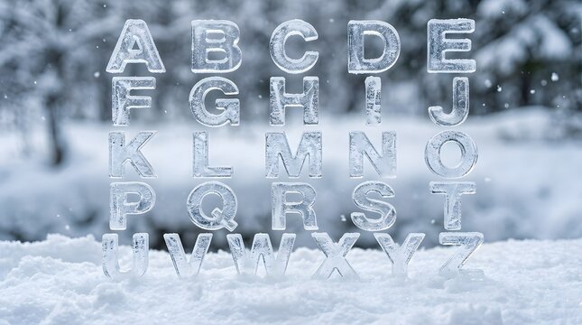 Beautiful frozen alphabet letters carefully crafted from clear ice are displayed outdoors during a cold winter season with a softly blurred snowy backdrop