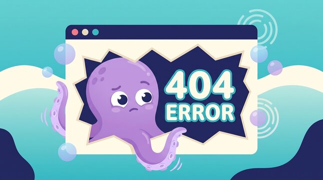 404 error with sad purple octopus mascot in a web browser window