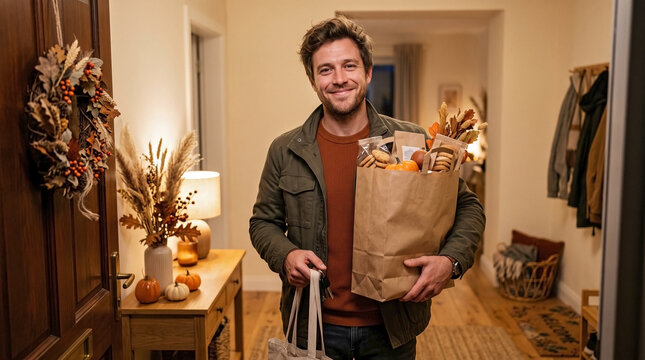 Young adult man returning home with seasonal treats, plain paper bag held. Man smiles, carrying seasonal treats, reusable tote, entering warmly lit home decorated for autumn.