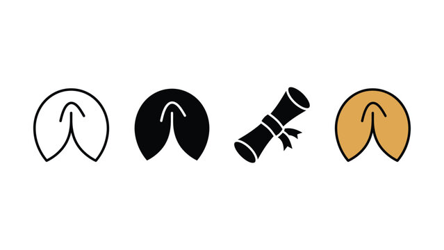 Set of fortune cookie icons and graduation diploma scroll design elements