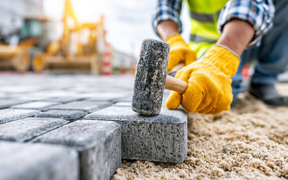 Construction worker laying stone pavers with rubber mallet on sand base
