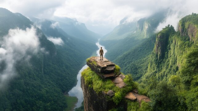 Person standing on cliff overlooking vast canyon. River winds below, surrounded by lush green vegetation. Cloudy sky