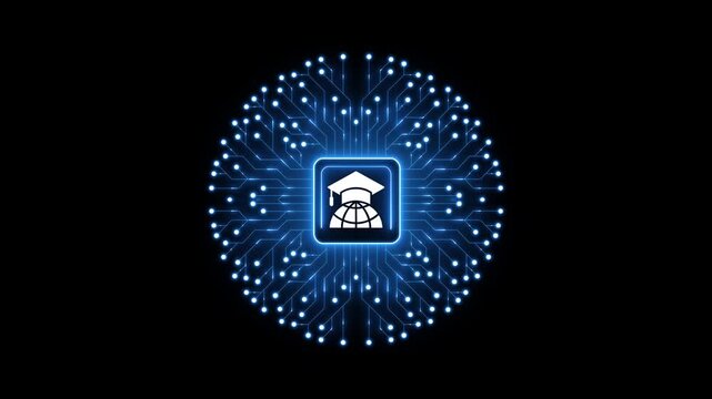 Graduation icon with glowing blue digital network connections on black background for online learning, training, education, and career growth