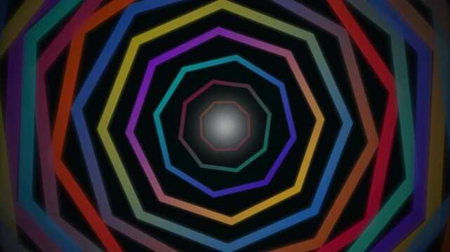 Abstract tunnel of rotating colorful concentric heptagonal frames on a dark background, perfect for VJ loops, music videos and motion design