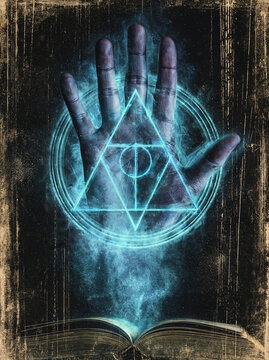 Arcane Hand and Geometric Sigil Rising from Book