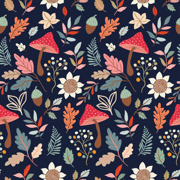 Charming autumn botanical background with cute forest mushrooms, decorative plants, leaves and delicate branches, seamless vector pattern with cozy woodland aesthetic