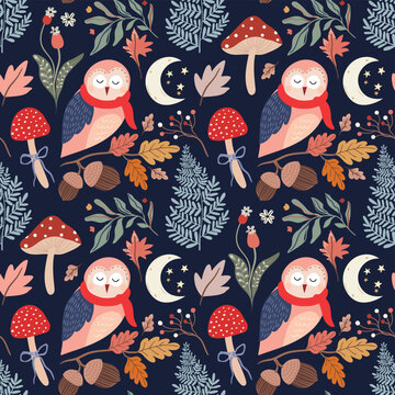 Autumnal seamless vector pattern with cozy woodland aesthetic, decorative wallpaper with owls, mushrooms, leaves and plants, perfect for autumn stationery, fabric, wrapping paper, packaging, wallpaper