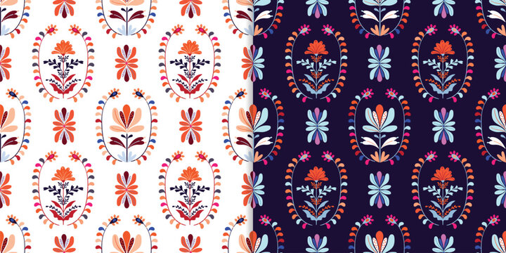 Autumnal damask seamless patterns set with floral design, elegant wallpaper, charming background