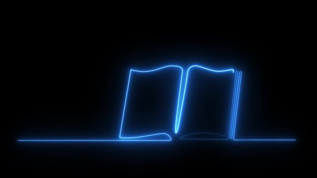 Glowing blue neon open book outline on a dark background creating a modern educational symbol for learning, reading, knowledge, digital study, and visual design