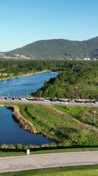 Technology and Innovation Complex Surrounded by Forest, Lakes and Green Landscape in Northern Florian&oacute;polis, Brazil. Aerial View.