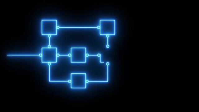 Blue neon workflow diagram with connected square nodes and luminous pathway leading to a blank display on a dark background for digital process design