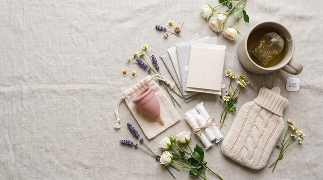 Menstrual cup with hot water bottle and tea for period pain relief and feminine hygiene.