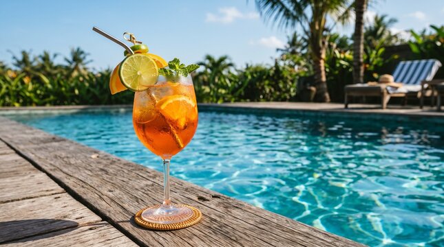 Refreshing Aperol Spritz cocktail by a tropical swimming pool on a sunny summer day