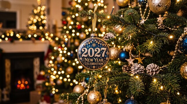 Christmas tree decorated with 2027 New Year ornament and glowing golden fairy lights