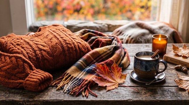 Cozy autumn scene with warm sweater, plaid scarf, hot drink and candle on wooden table
