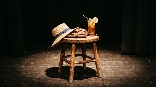 Straw hat and iced tea on a wooden stool in a dark spotlight setting
