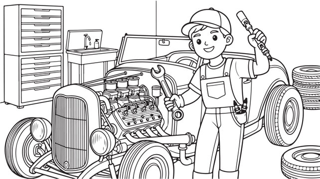 Cartoon mechanic boy repairing vintage car in garage, coloring book page of auto service workshop, line art vector of child fixing engine