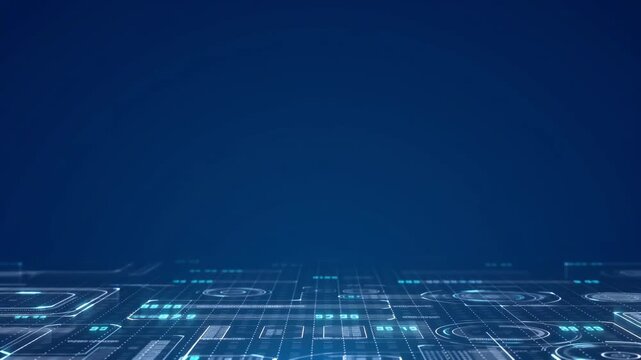 Tech dark blue background with subtle floating digital data and HUD elements