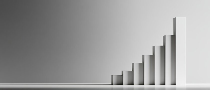Minimalist white vertical bar graph with eight ascending rectangular shapes on smooth gray background