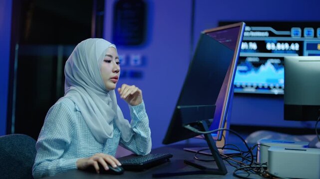 Dedicated Muslim woman wearing hijab working late on computer, analyzing complex data analytics dashboard and writing code on dual monitors during night shift overtime in a modern tech office.